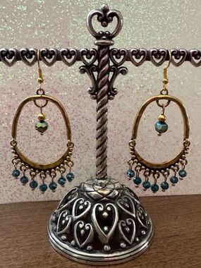 Gold Framed Chandelier Earrings with Deep Teal Faceted Crystal Beads - Handmade
